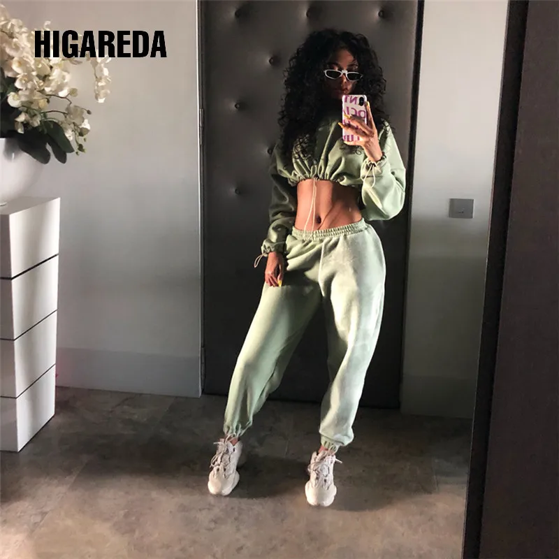 

Women Sets Two Pieces Spring Autumn O-Neck Long Sleeve Solid Elastic Loose Trousers Croped Tops Pullover Lady Suits