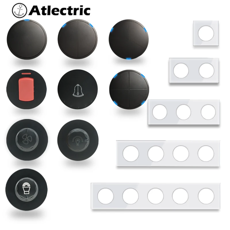 

Atlectric Well Light Switch Black Module White Glass Panel Frame 1 2 3 4Gang 1 2Way Light Function Key Only DIY Free Combination