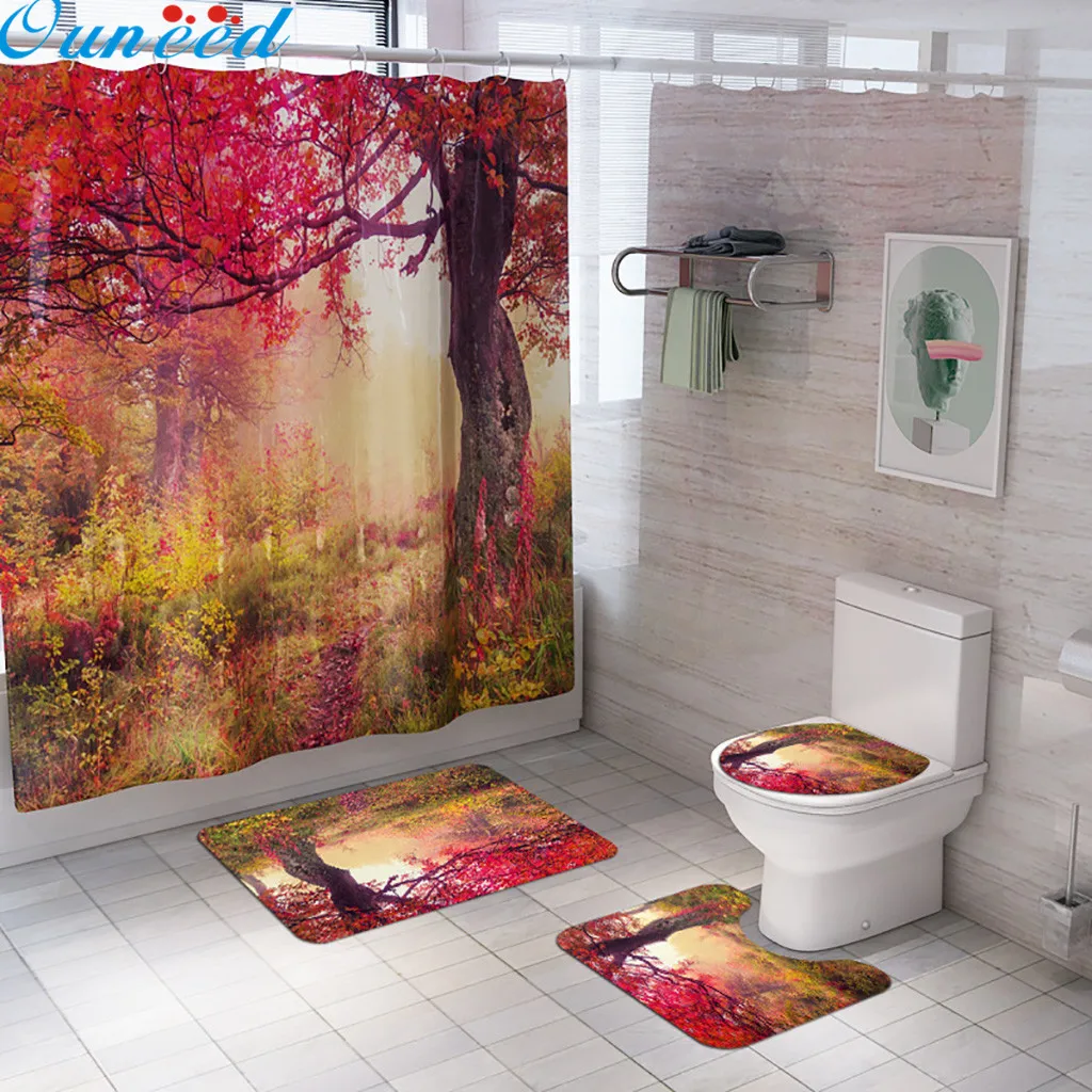 Ouneed 4 шт. осенние красные деревья принты ванная душевая занавеска в комплекте нескользящий узор водонепроницаемый туалет душевая занавеска Комплект ковриков