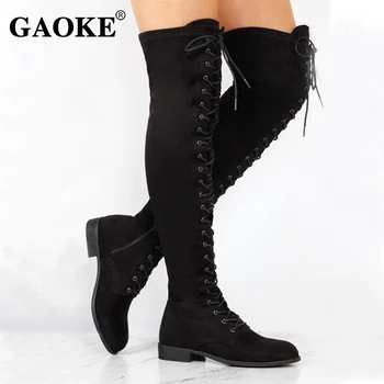 

Woman Shoes Woman Rubber Low Heel Boots Sexy Lace Up Over Knee Boots Spring Women Boots Platform Footwear Lady Shoes