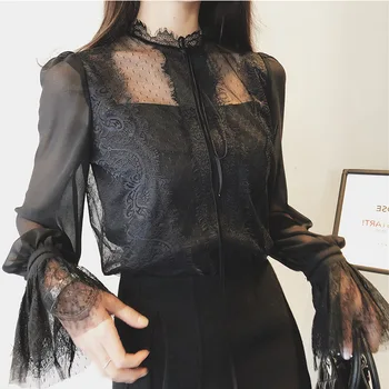

Spring Autumn Shirt New Arrival Fee Blusa Womens Clothing Chiffon Bottoming Flare Sleeve Lace Blouse Sling Black Feminino Camisa