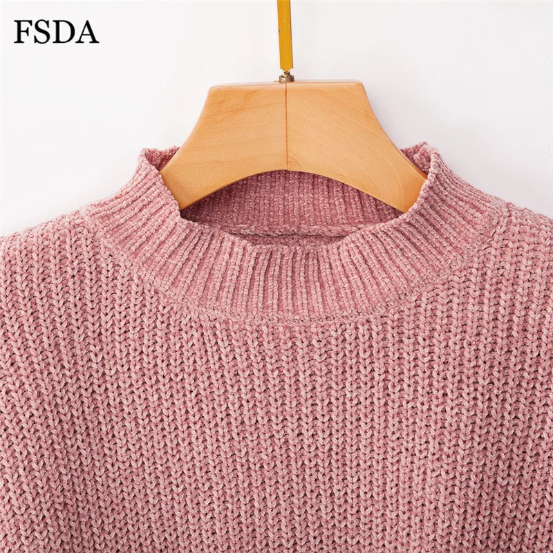 FSDA розовый короткий свободный свитер женский черный белый длинный рукав-фонарик пуловер с круглым вырезом повседневный милый офисный вязаный укороченный свитер