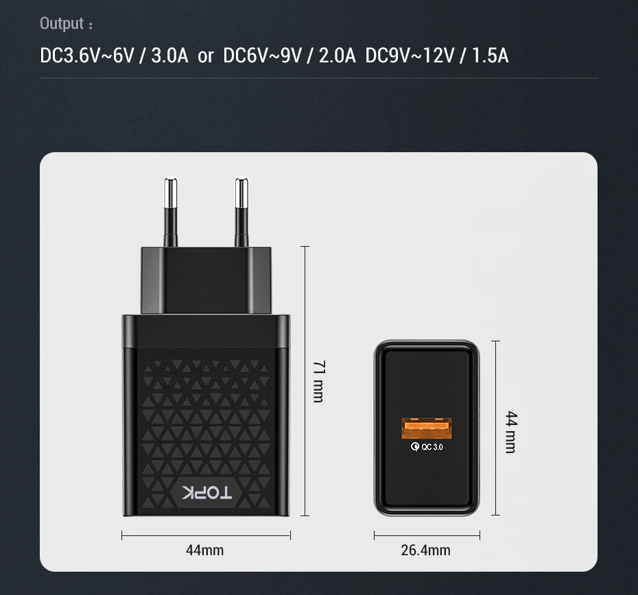 TOPK Quick Charge 3,0, зарядное устройство для мобильного телефона, 18 Вт, быстрое USB зарядное устройство, штепсельная вилка европейского стандарта, настенное USB зарядное устройство, адаптер для iPhone, samsung, Xiaomi, LG