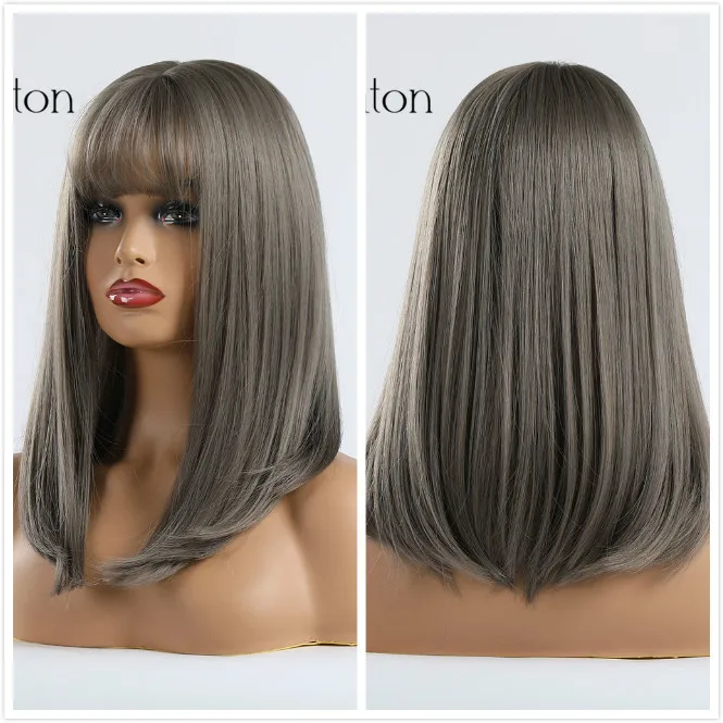ALAN EATON Средний слоистый прямой синтетический парик для черных женщин Омбре Черный Коричневый Серый пепельный волос с челкой Термостойкое волокно - Цвет: lc241