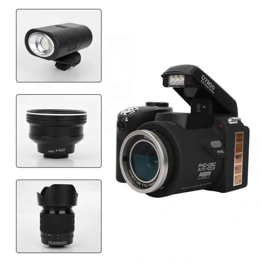 

D7200 HD 1080P Digital Camera 3in Color Screen 33MP DSLR Camcorder with 0.5X Wide Angle Lens + 16-24X Telephoto Lens + LED Light