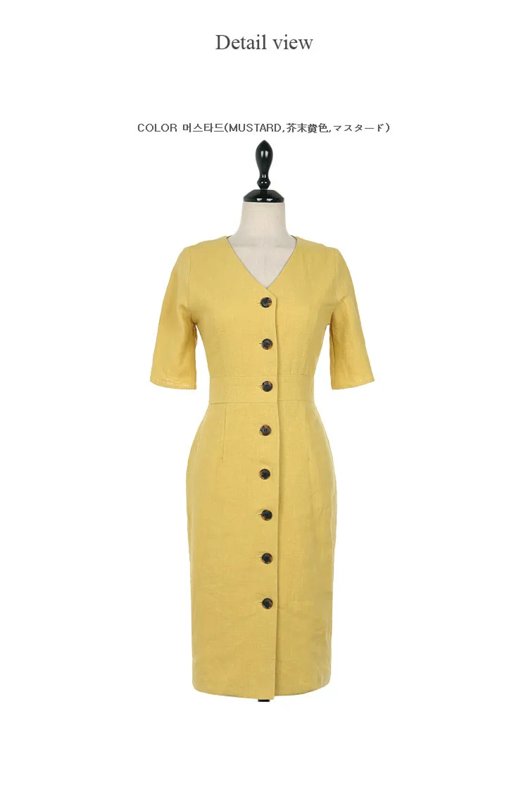 New Summer Dress Women Cotton Linen OL Casual Half Sleeve Dresses Female Dress V neck Solid Yellow Dress Boho Robe Femme Vestido