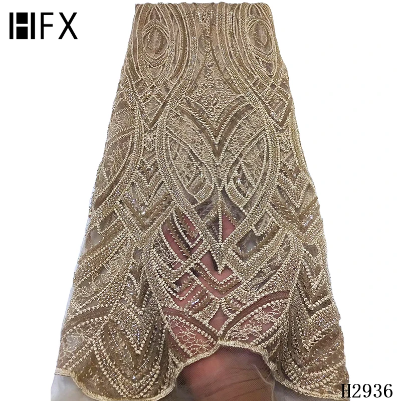 HFX Золотая африканская Высококачественная роскошная кружевная ткань ручной работы из бисера Тяжелая кружевная ткань из бисера 3D Свадебная кружевная ткань F2936