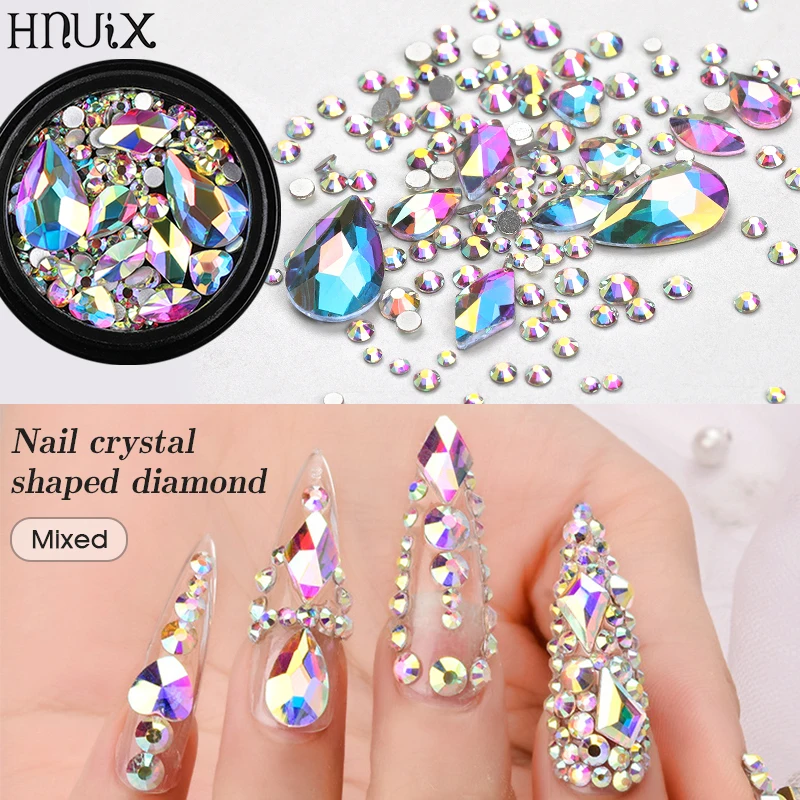 

HNUIX 1 box mixed 3D rhinestone Nail Art decorations crystal gems jewelry gold AB shiny stones charm glass manicure accessories