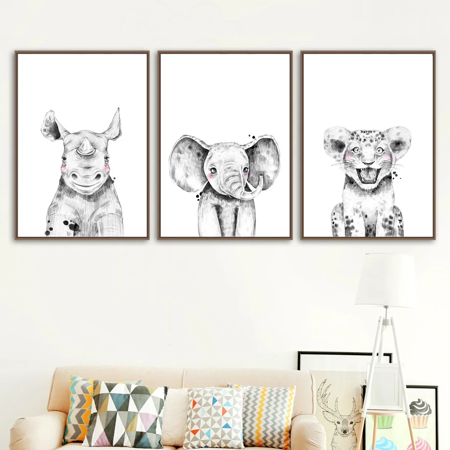 Cartoon_Zebra_Giraffe_Tiger_Elephant_Rhinoceros_Nordic_Posters_And_Prints_Wall_Art_Canvas_Painting_W (3)