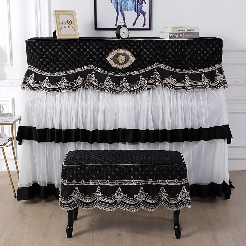 black Корейский чехол для фортепиано, бархатная ткань, цветок, тюль, кружево, чехол для фортепиано, полное покрытие, пылезащитное украшение для фортепиано, со скамейкой - Цвет: black