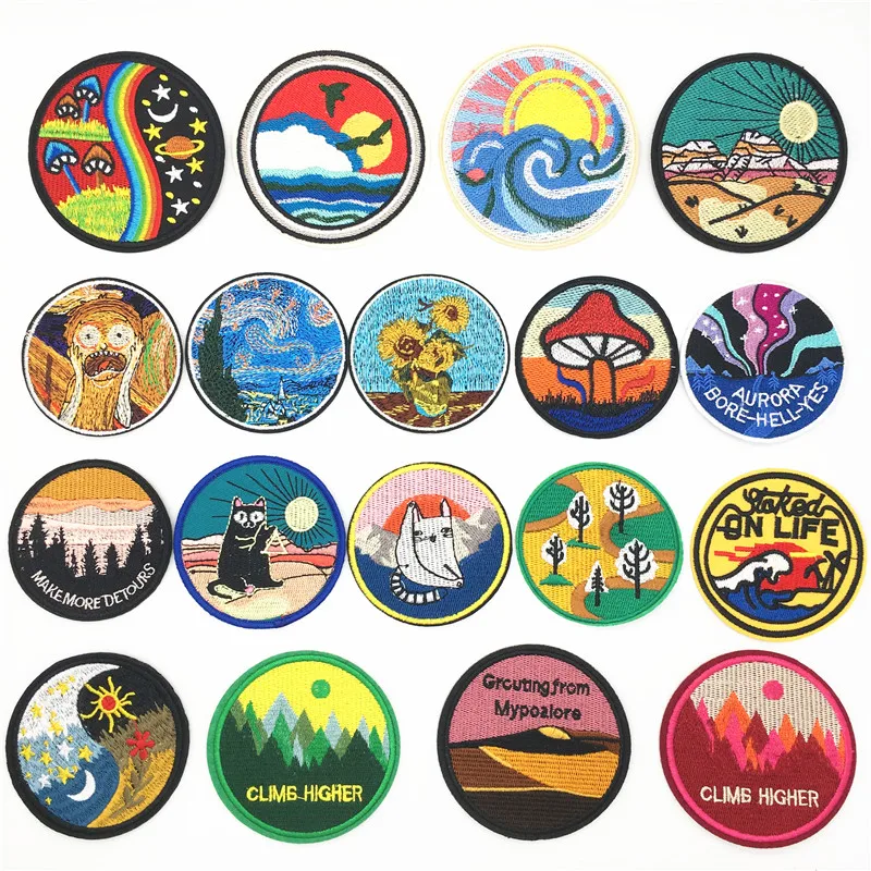 

Round Landscape Oil Painting Iron on Patches for Clothes Embroidery DIY Patch Applique Sew On Stickers Universe UFO Planet