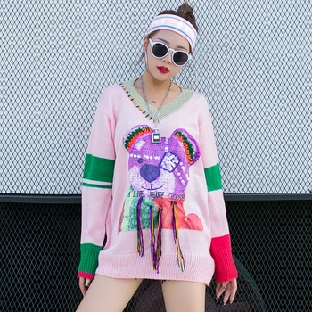 

Thai tide brand stitching embroidery cartoon sequined bear V-neck sweater female loose tassel age-reduction personality sweater