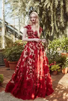 

New Fashion O-neck A-line Appliques Red Celebrity Performance Evening Party Dress