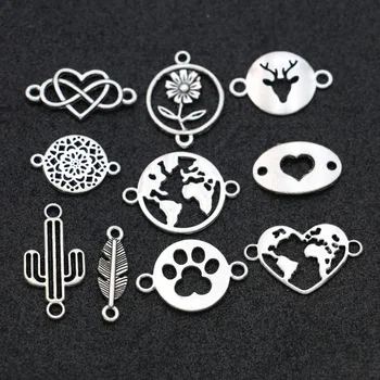

20pcs Antique Silver Plated Map Heart Charms Connector for Jewelry Making Bracelet DIY Accessories Craft Mix