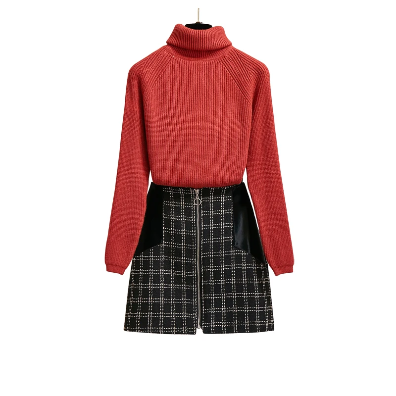 

Suits Fashion New Two-Piece Women Fall And Winter Of Knitting Sweater And Skirt Pullover Top Leisure & Grid Zip Skirts Casual