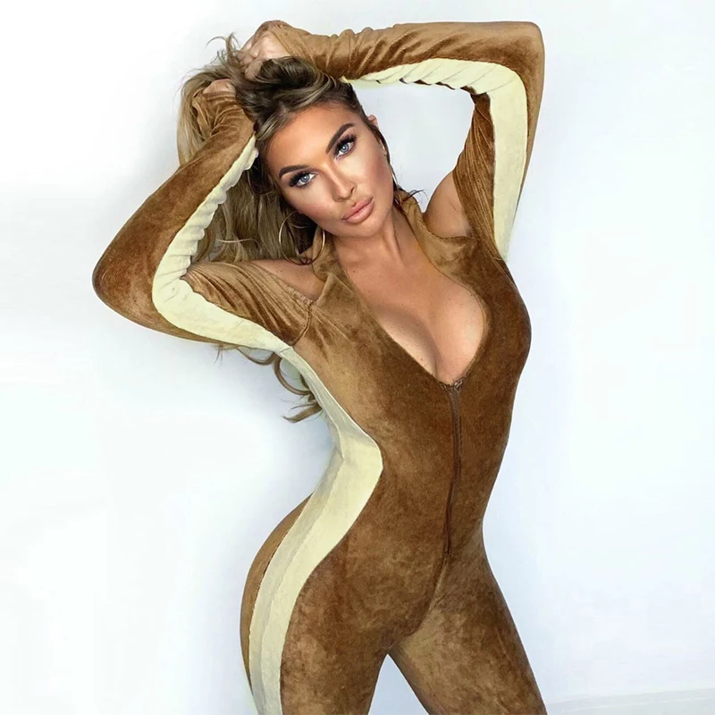

Cold Shoulder Jumpsuit Women Sexy Halter Jumpsuit High Street Autumn Long Sleeve Zipper Front Color Block One Piece Romper Pants