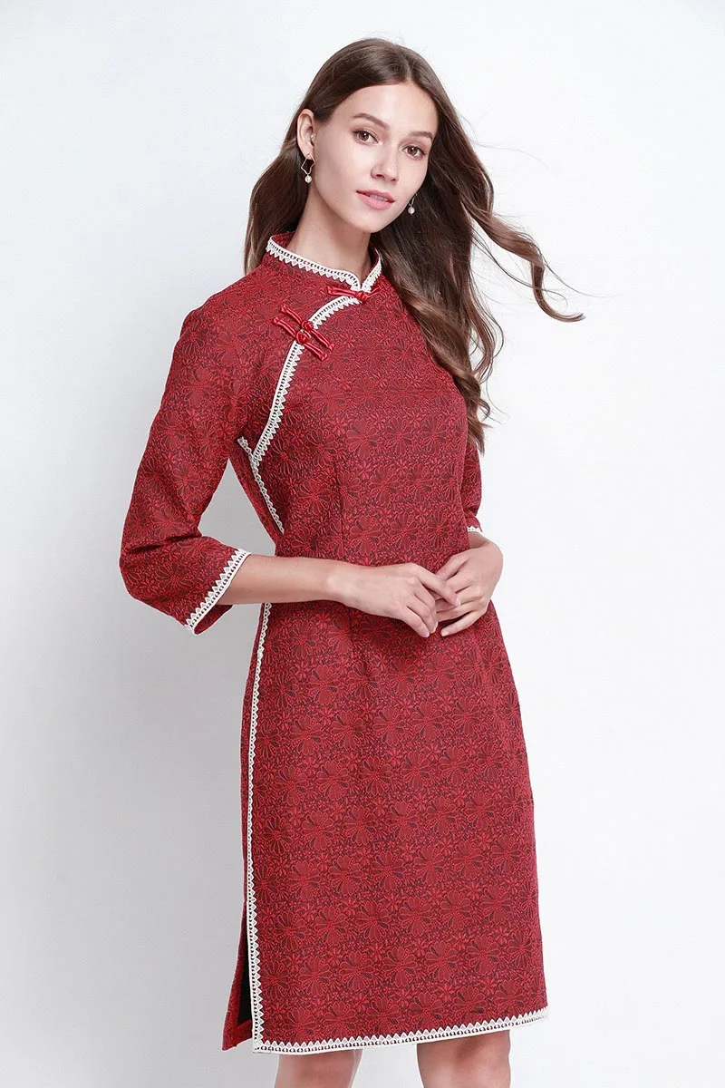 Бургундское винтажное китайское платье 5XL размера плюс Cheongsam Сплит бодикон миди вечерние платья Китай Qipao Весна Осень женское платье