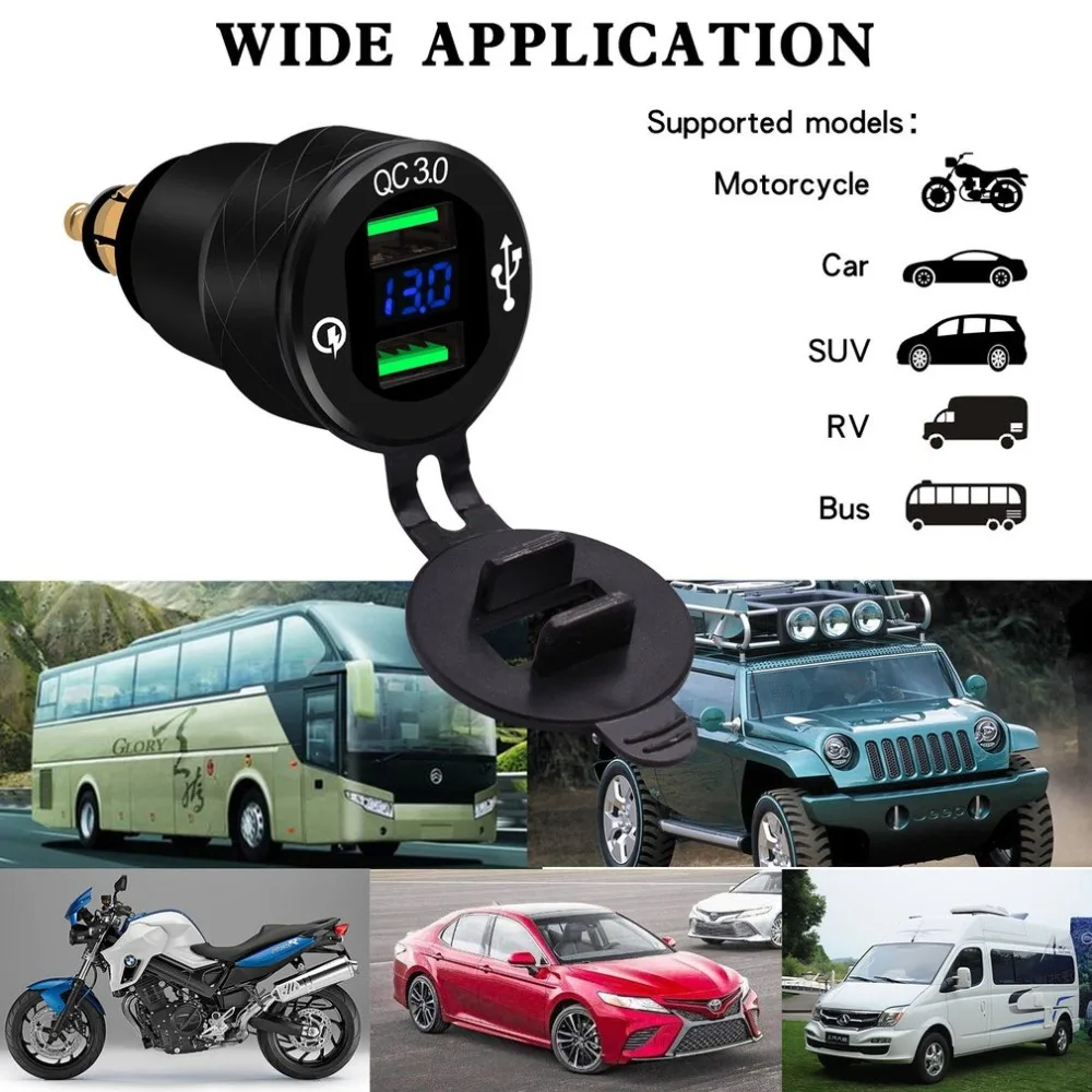 Автомобиль и мотоцикл автомобиль цифровой дисплей прикуриватель с Qc3.0 двойной Usb порт выход Быстрая зарядка