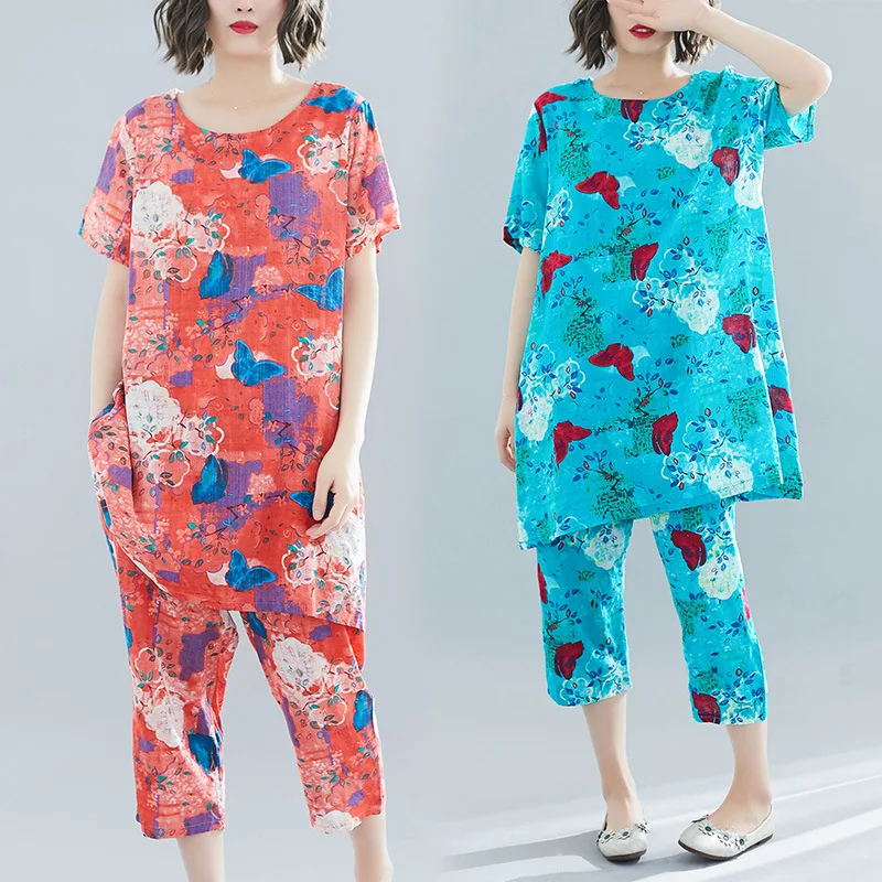 

Photo Shoot 2019 Summer New Style Literature And Art Large Size Fat Mm Butterfly Printed Set Tops + Pants