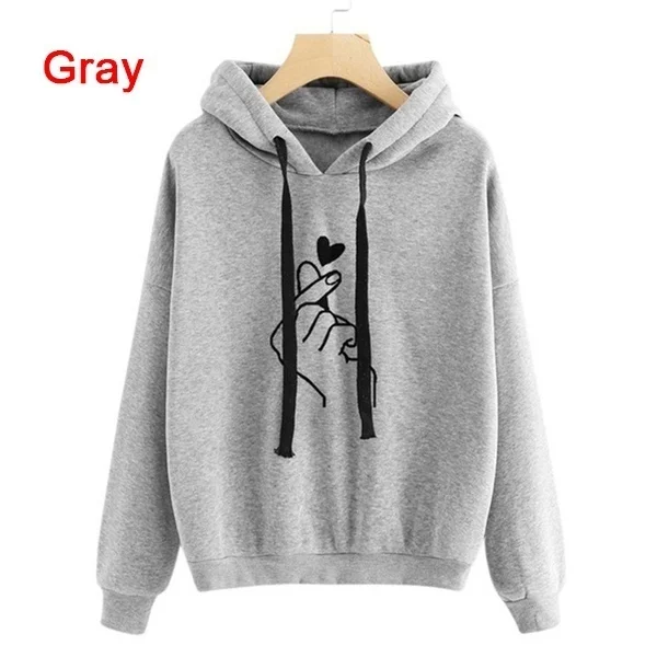 New Fashion Women's Hooded Casual Printed Finger Heart Long Sleeve Solid Color Loose Tops Hoodies Coat