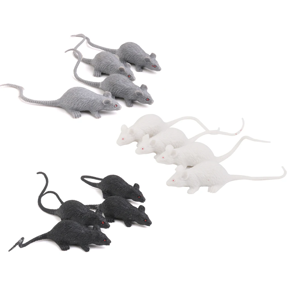Pack of 12 Plastic Fake Rat Mouse Mice Toy, Set of 3: Black, Gray, White. Prank Joke Scary Trick Bugs for Party Halloween