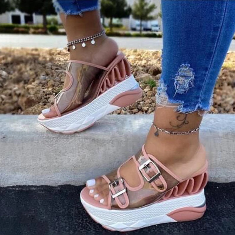 

Women High Heels Sandals Transparent Buckle Platform Sandals Fashion Outdoor Wedges Shoes for Women Soft Split Leather Non-slip