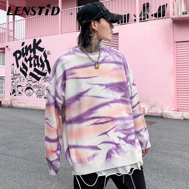 LENSTID Осень Harajuku винтажный галстук краситель вязаный свитер мужской хип хоп Уличная Мужская мода Повседневный пуловер Свитера
