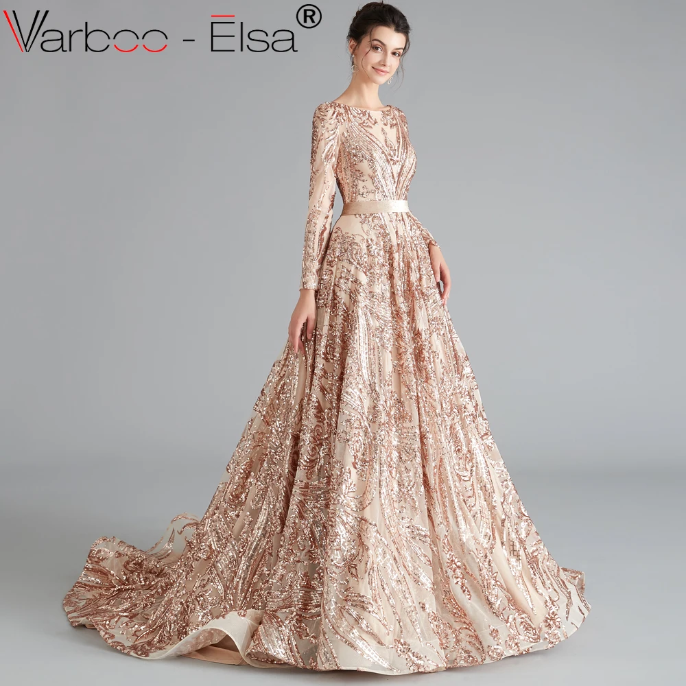 VARBOO_ELSA Формальные Вечерние платья цвета шампана Длинные Сексуальные с открытой спиной расшитые блестками А-силуэта вечерние платья длиной до пола женское платье длинное