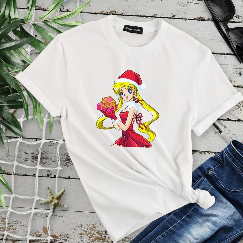 Сейлор Мун Рождество Топы для женщин мультфильм манга печати Harajuku короткий рукав футболки женские футболки