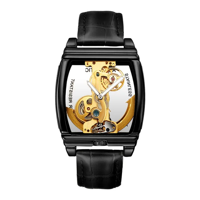 Автоматические механические часы для мужчин стимпанк Скелет с автоматическим заводом кожаные часы montre homme - Цвет: black black