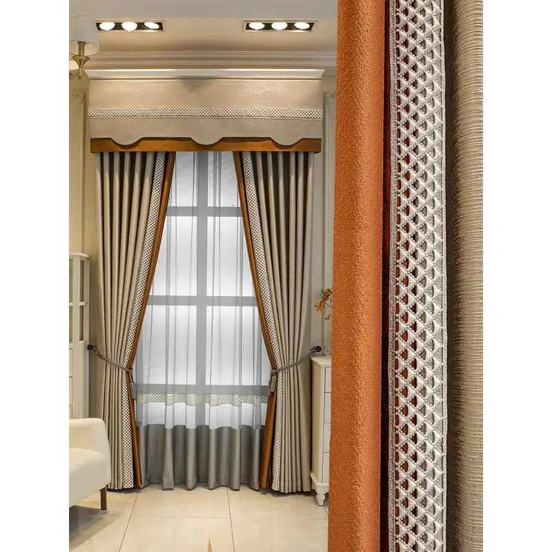 

Custom curtain High quality modern Jacquard lace Splicing orange gray grid Texture blackout curtain valance tulle panel M1197