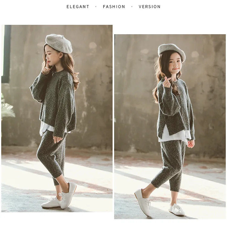 2pcs Knit Set Back To School Clothing Girls Autumn Winter Two Pieces Sets Girl Suit Knitted Sweater And Knitting Pants Fashion (15)