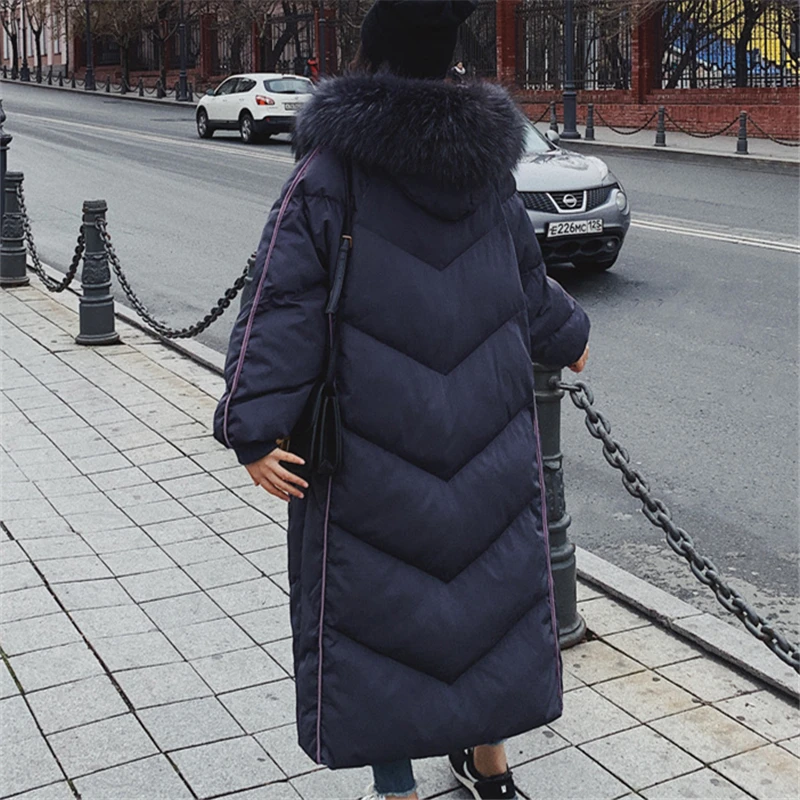Настоящая фотография, зимняя новинка, Корейская версия, хит, цветная, в полоску, большой меховой воротник, свободная, хлопок, лен, хлопок, женская, длинная, хлопок