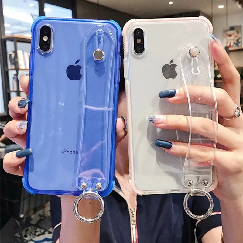 Glitter Diamond Texture Case for IPhone 11 Pro X XR XS Max 6 6S 7 8 Plus Transparent Soft TPU Wrist Strap Shockproof Back Cover |