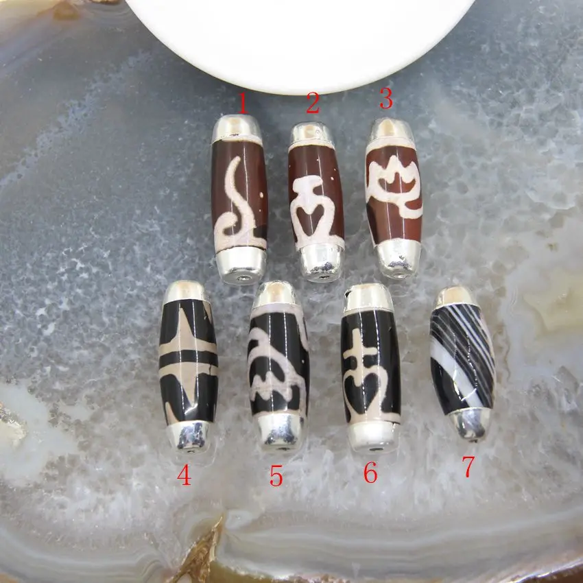 

14x40mm 1Pcs Natural Tibetan Dzi Beads Agates Amulet Connector Necklace Silvery Caps DIY Jewelry Bracelet Making Accessories