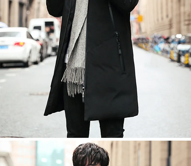 Winter down Jacket Men's Warm Cold White Duck down Mid-length MEN'S Hooded Jacket Comfortable Cool Stripes Men'S Wear