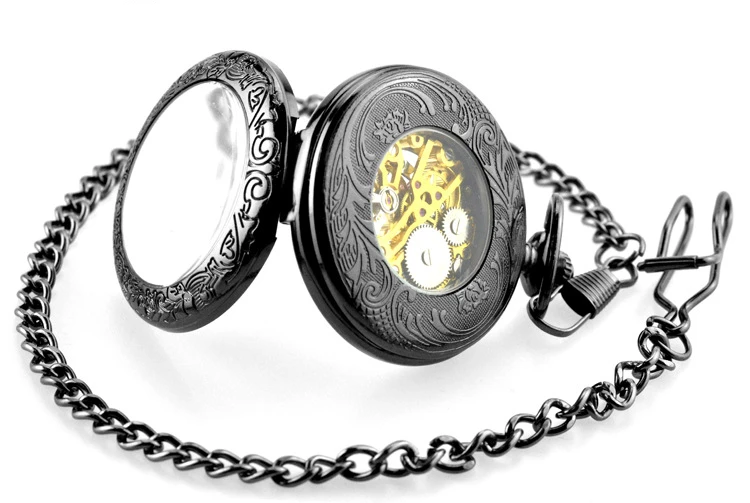 Retro Steampunk Pocket Watch Black Mechanical Pocket Watches Skeleton Vintage Pocket Fob Watch Chain Dropshipping