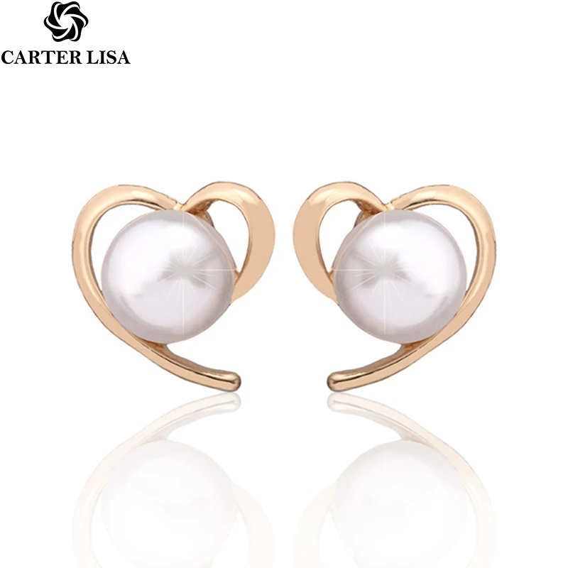 

CARTER LISA Korea Unique Elegant Women Fashion Cute Pearl Stud Earrings Personality Heart Shape Ear Accessories Statement Jewelr