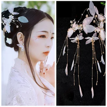 

Chinese Vintage Style Fairy Hairdressing Clip Earrings Set Four/Two-Piece Set Silk Flower Pearl Tassel Antique Side Hairpins