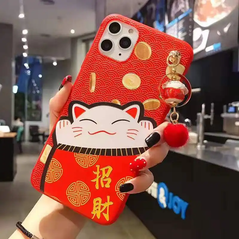 Чехол для iPhone 11 pro Max Lucky Cat, милая задняя крышка для iPhone 11 X XS Max XR 6 7 8plus Maneki Neko Shell+ подвеска - Цвет: As shown in