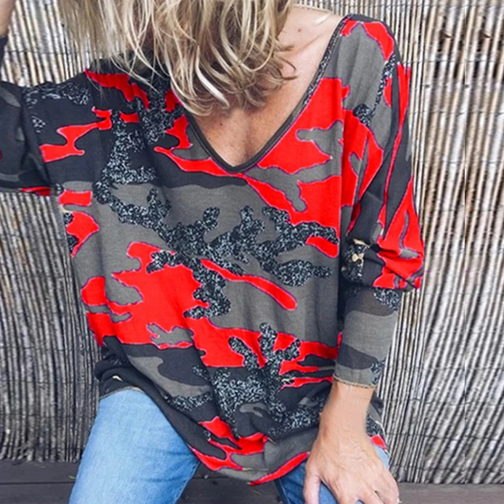 Осень 2020 Новое поступление футболка с принтом Женская свободная v образным