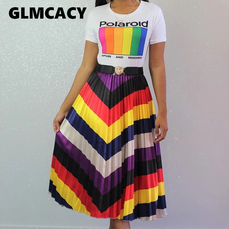 

Women Elegant Rainbow Color Striped Pleated Skirt Elastic Waist Casual Printed Mid-Calf Summer Streetwear Skirts