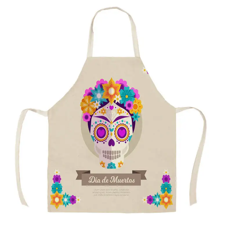 Women Kitchen Apron Cotton Linen Halloween Skull Design Sleeveless Chef Cooking Aprons Kitchen accessories WQ1698