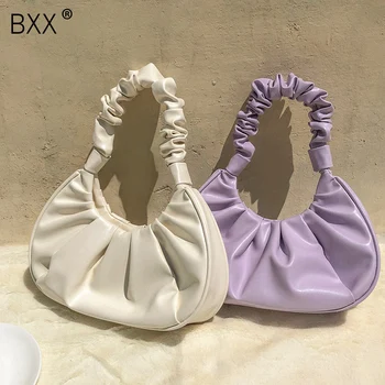 

[BXX] Solid Color PU Leather Pleated Bags For Women 2020 Autumn Simple Shoulder Handbags Female All-match Travel Bag HN992