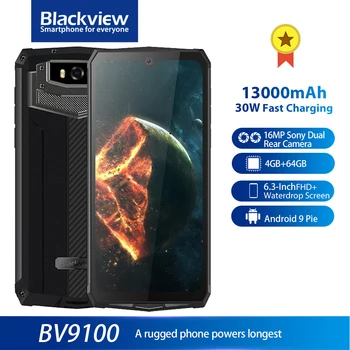 

Blackview BV9100 IP68 Rugged 6.3'' FHD+ 13000mAh Smartphone 4GB 64GB Helio P35 Octa Core Android9.0 Mobile Phone 30W Fast Charge