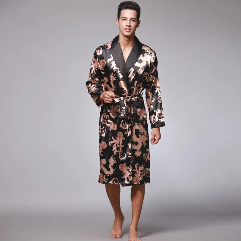 Мужские Шелковые Летние Осенние атласные кимоно халат золотой дракон длиной до колен с длинным рукавом сапфир банный халат Ночное белье