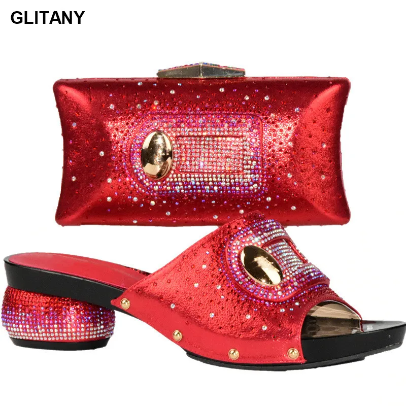 

Shoes and Bag Set African Sets Red Color African Shoe and Bag Set for Party In Women Nigerian Shoes and Bag Set with Rhinestone