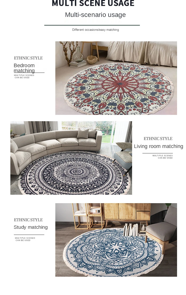 ​Home Decor Retro Bohemian Round Carpet Hand Woven Cotton Linen Carpet Rug Bedside Rug Geometric Floor Mat Living Room Carpet