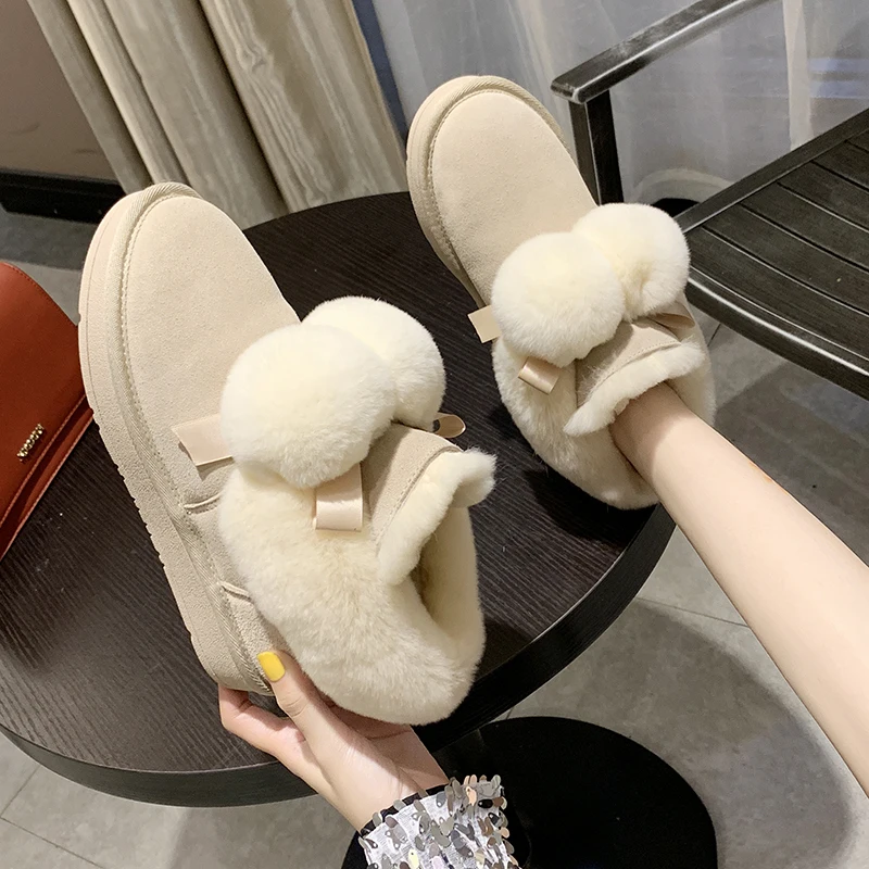 

ERNESTNM Flock Boots Women 2019 Botas Mujer Warm Plush Ankle Boots for Women Rubber Slip-On Booties Snow Boots Women Waterproof