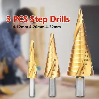 

4-32mm High Speed Steel Step Drill Bit 3 Pcs Cone Shape Hole Cutter For Straight Flute Step Drill Hole Cut Drill Woodworking Set